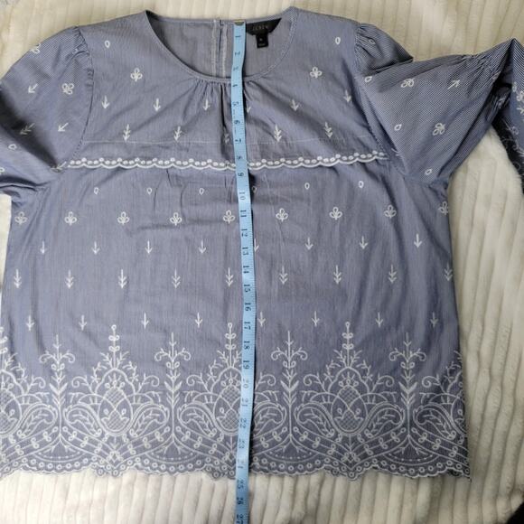 J.Crew Blue Striped Embroidered Boho Top Size XL Cotton Blend Bell Sleeve - Picture 4 of 11